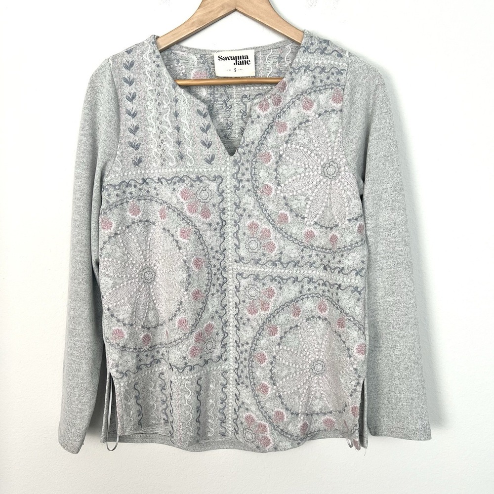Savanna Jane Embroidered Long Sleeve Top Womens Small Pastel Boho‎ Coastal Beach